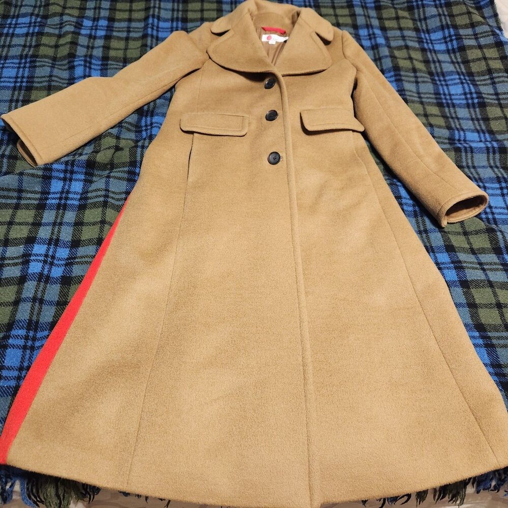 Boden Long Camel Coat with Red Panel Back - Picture 9 of 13